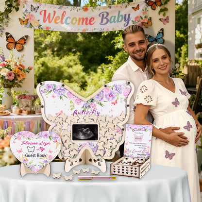 66pcs Butterfly Baby Shower Guest Book Alternative Wooden Guest Sign in Butterfly with Sonogram Photo Frame Butterfly Floral Guestbook Pregancy Keepsake Gender Reveal 1st Birthday Party Decorations