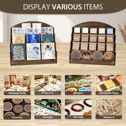 PUERSI Greeting Card Display Stand Holder - 4-Tier Wooden Organizer Rack for Retail Stores, Postcards, Stickers & Stationery Vendors Brown