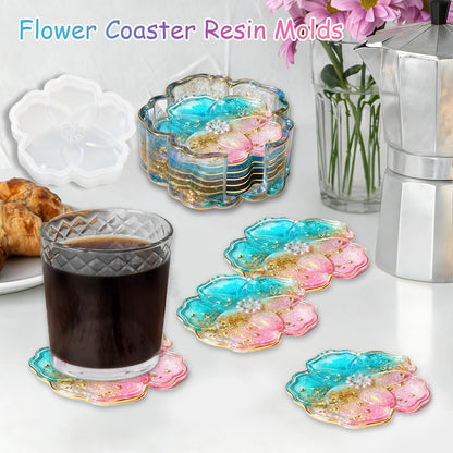 Panamalar Silicone Coaster Resin Molds, 5PCS Flower Coaster Molds with Holder Mold for Epoxy Resin, Coaster Tray Resin Casting Molds for DIY Art Craft Home Decoration Table Wine Cup Mat