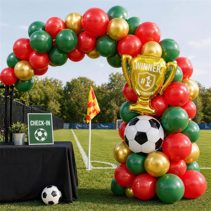 Red and Green Soccer Balloons, 12 Inch Green and Gold Soccer Balloons with 22" Soccer Foil Ball Gold Trophy Balloon for Boys Men Sports Theme Birthday Football Game Day Party Decorations Supplies