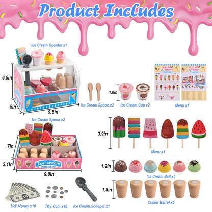WoodTrove Ice Cream Play Set, Wooden Ice Cream Toy, Wooden Play Food, Ice Cream Shop Playset, Pretend Play Toys for Toddlers, Kitchen Toys Gift for Girls Boys 3 4 5 6 Year Old