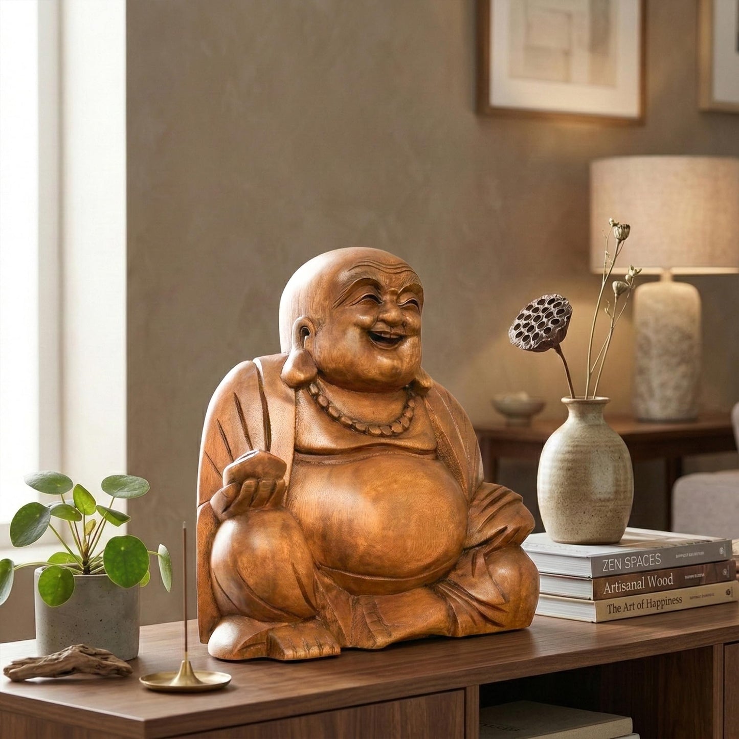G6 Collection 8" Wooden Laughing Happy Buddha Statue Hand Carved Smiling Sitting Sculpture Handmade Figurine Decorative Home Decor Accent Rustic Handcrafted Art Decoration Happy Buddha (Small)