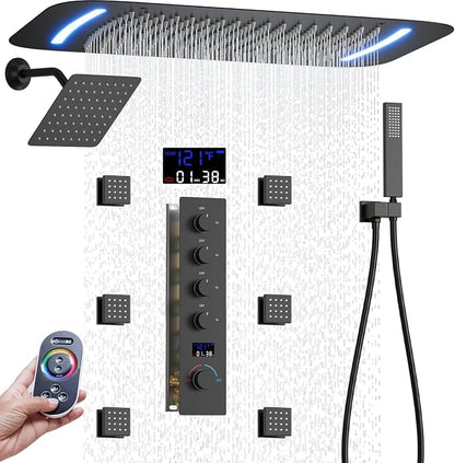 AYIVG Matte Black 4 Function Dual Shower Heads System Multi Functions Temperature Full Body Shower System 6pcs Jets 16 X 26 Inch And 8 inch Rainfall Shower Head Faucet Set