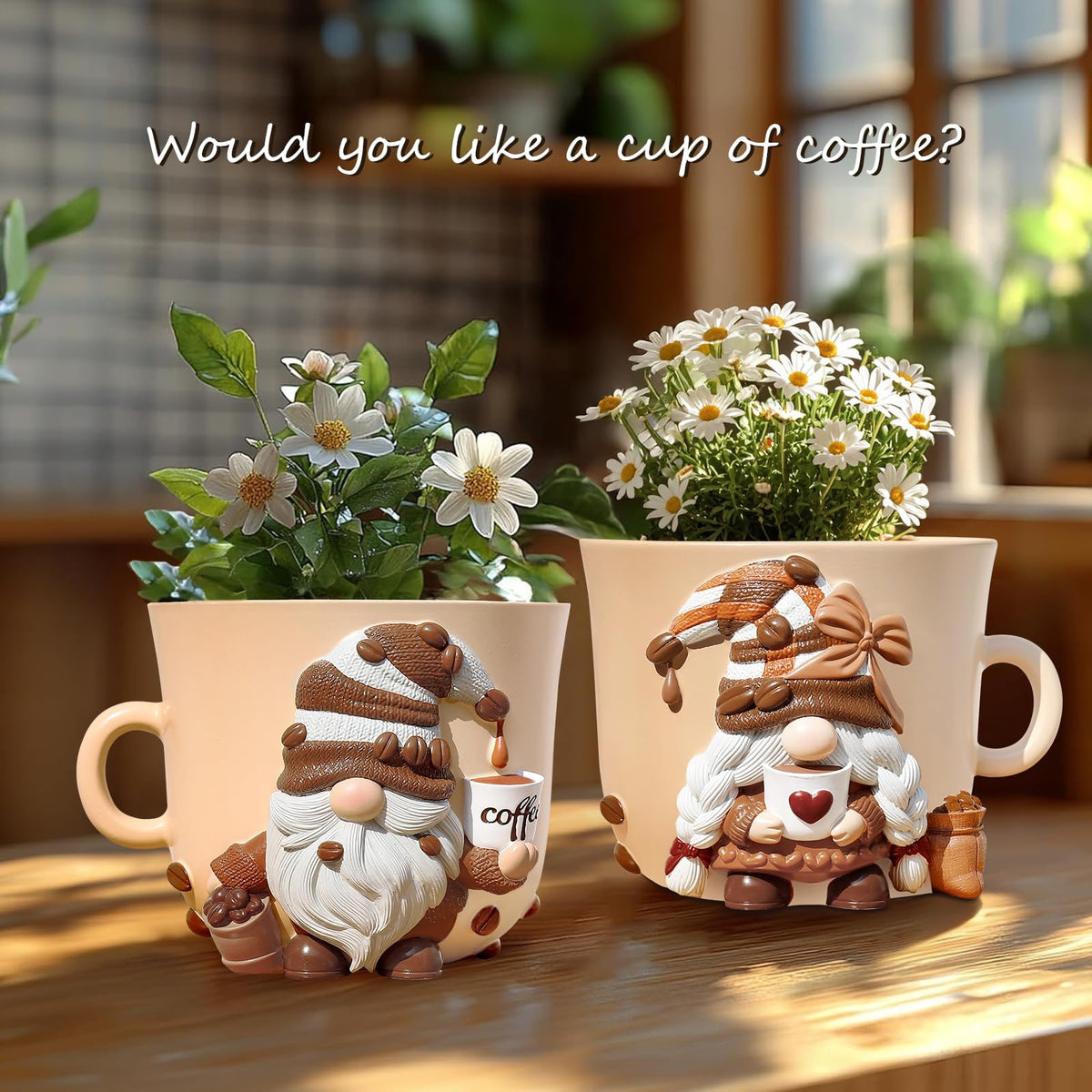 GUGUGO Coffee Cup Gnome Plant Pots, Cute Unique Flower Pots for Indoor Plants, Funky Small Planters with Drainage Holes, Eclectic Home Decor Aesthetic, Funny Gardening Planter for Couple Gift, Male