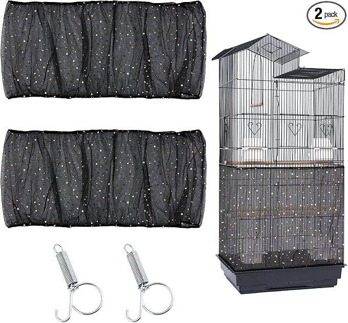 JULMELON 2Pcs Adjustable Bird Cage Seed Catcher(Black) Birdcage Nylon Mesh Cover Twinkle Star Universal Birdcage Cover for Parakeet Round Square Cage with Spring Hook