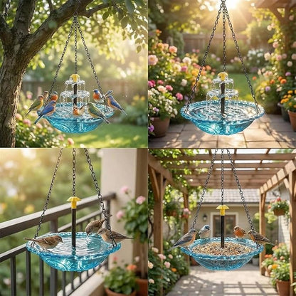 2026 Solar Cascade Hanging Bird Bath Fountain - 3 Layers Outdoor Water Feature for Hummingbirds, Easy-Clean 9.3" Glass Basin with Solar Powered Pump, Attract Wild Birds to Garden, Patio (Pink)