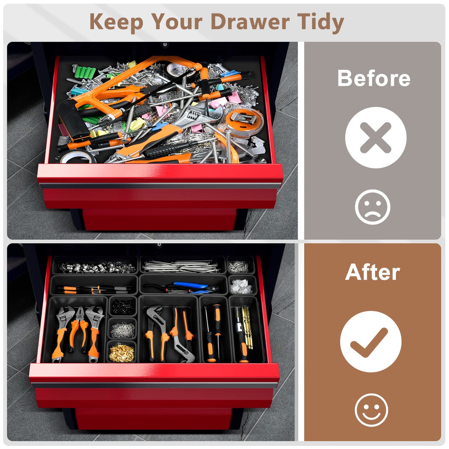 A-LuGei 【𝟰𝟲𝗣𝗖𝗦 & 5 Size】 Tool Box Organizer Tray Divider Set, 【Black】 Bathroom Drawer Organizer Bin, Garage Organization and Storage Toolbox Rolling Tool Chest Cart Cabinet WorkBench Small Part