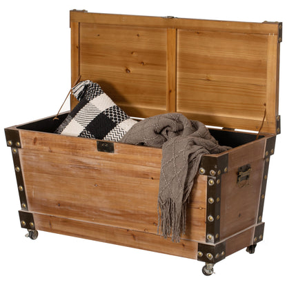 Vintiquewise Wooden Storage Trunk Bench with Wheels and Black Metal Accents Blanket & Linen Chest Decorative Organizer Entryway Seating Shoe Station or Bedroom Use for Pillows Throws & Extra Beddings