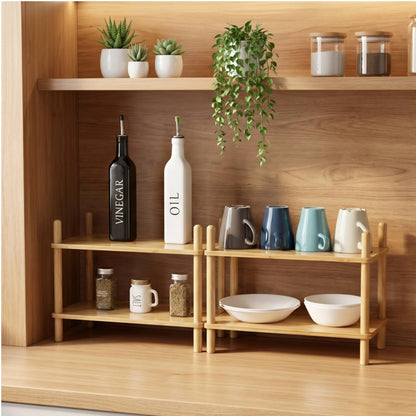 WooFawn 2-Tier Expandable Bamboo Desktop Organizer Shelf Kitchen Cabinet and Counter Riser Display Shelf for Top of Desk Home Office Bathroom Coffee Table Display Stand,Natural