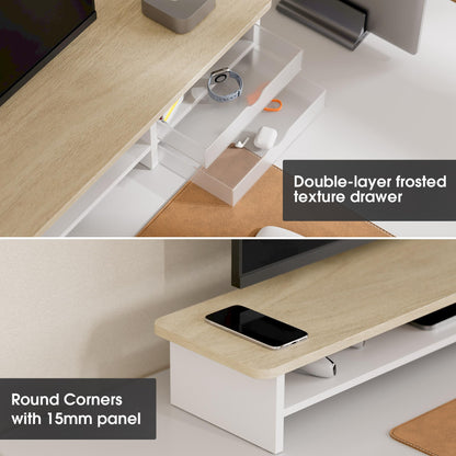 Fenge Dual Monitor Stand with Drawer & Desk Pad Bundle, 42.5 Inch 2-Tier Wood Monitor Riser & 23.6×13.8 Inch Double-Sided Waterproof Mouse Mat for Home Office