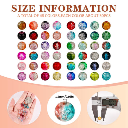 XSEINO 2400 Pieces 8mm Crack Glass Beads for Jewelry Making,48 Dazzling Colors Round Glass Beads for Making and DIY Crafts