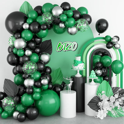 Black Green Balloon Garland,BTZO Balloons Arch Kit With Metallic Silver Confetti Balloon,Black and Green Balloons for Birthday Wedding Bridal Shower Graduations Party Decorations