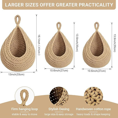 Halidali Hanging Fruit Baskets for Kitchen, 3 Pack Boho Cotton Rope Handwoven