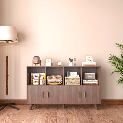 OSCHF Cubby Shelf Bookcase with Doors - Wooden 8 Cubes Floor Standing Open Bookshelf with Solid Wood Legs, 2-Tier Low Storage Cabinet, Walnut