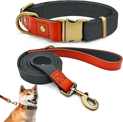 Dog Collar and Leash Set with Metal Quick Release Buckle, Adjustable, Breathable Nylon, Durable, Soft and Comfortable, No Pull for Walking and Training, Blue-Black, L (14.9"-22.8")