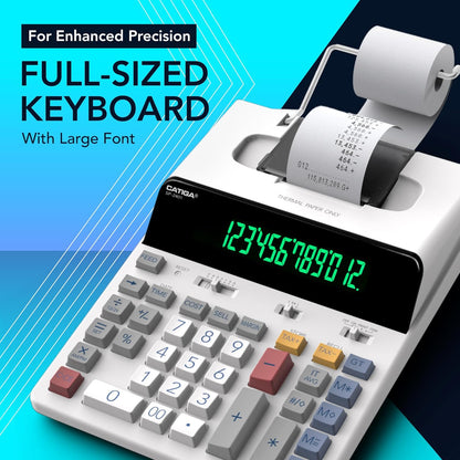 CATIGA 12 Digit Thermal Printing Calculator with Tape Print Out, Ink-Free Adding Machine, 3X Faster Quite at 8.0 LPS, Extra Large Fluorescent Display, Tax Calculation with Clock and Calendar, SP-2401