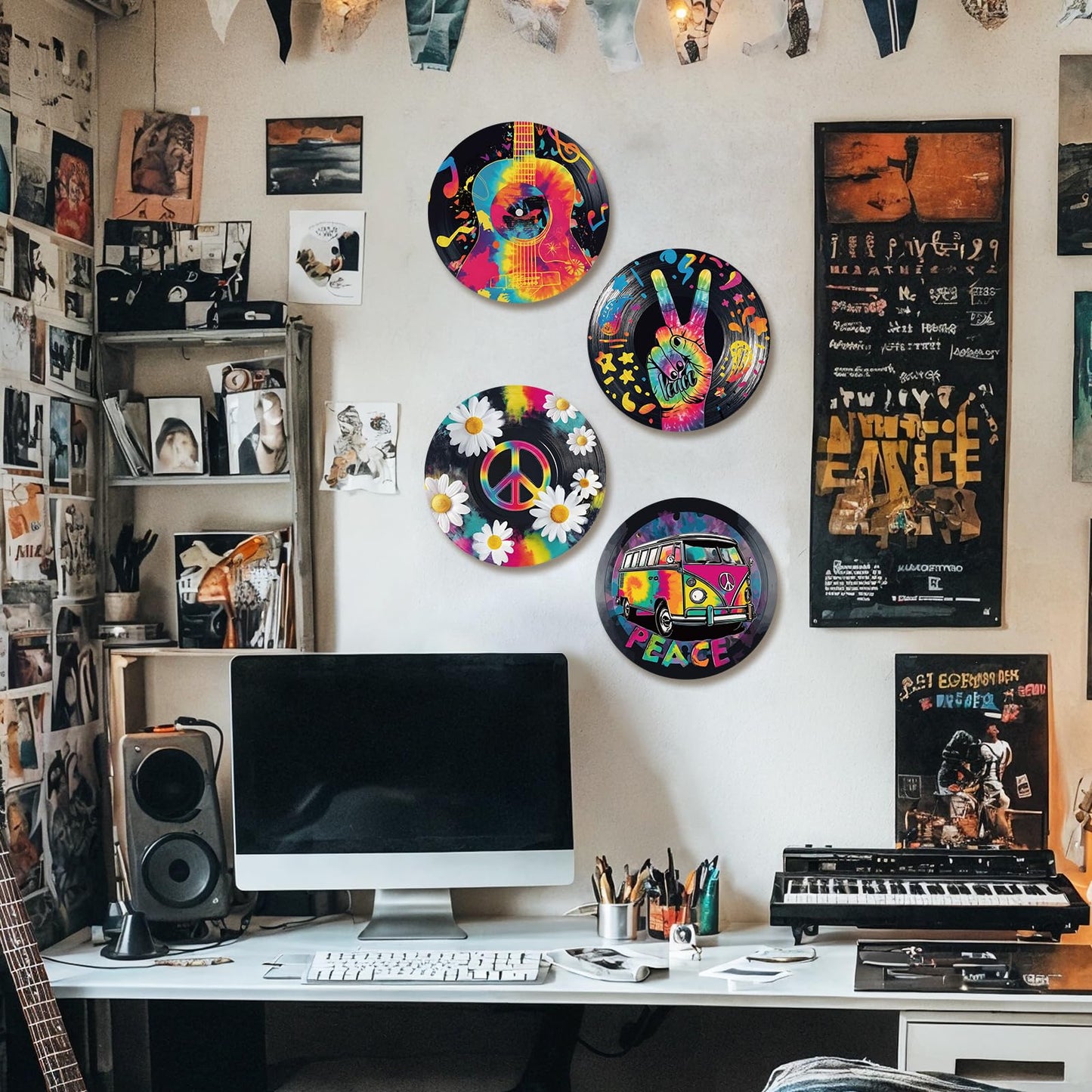 DOODLREAM 4PCS Graffiti Guitar Daisy Vinyl Record Wall Decor 12" Hippy Peace Sign Bus Wall Art Posters for Room Aesthetic, Retro Record Decorations for Music Party Studio Living Room DIY Craft Project