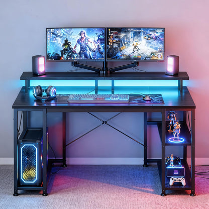 ODK 48 inch Gaming Desk with LED Lights, Computer Desk with Monitor Stand & Storage Shelves, CPU Stand, Home Office Desk, Black