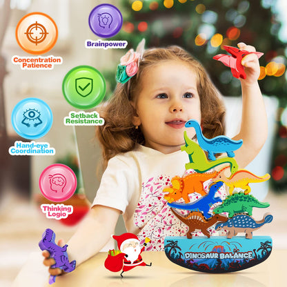 IPOURUP Dinosaur Toys for Kids 3-5: Wooden Stacking Montessori Toys for 3 4 5 6 7 Year Old Balance Competition Game for Family Ideal Christmas Birthday Gifts for Kids Ages 3-7 (Double Version)