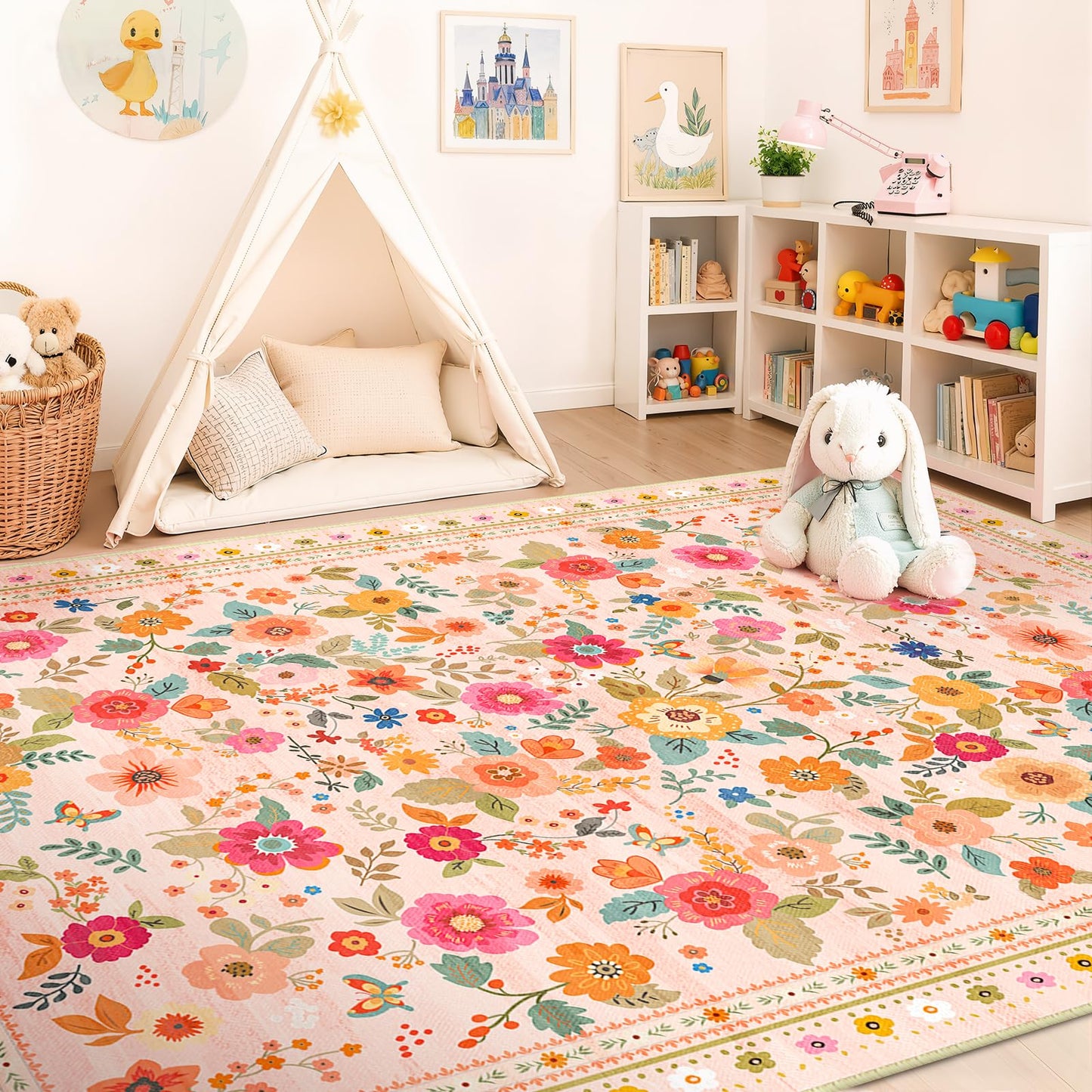 5x7 Area Rugs, Washable Floral Rug, Low Pile Non-Slip Carpet, Flower Rug for Living Room Bedroom Hallway Entryway Kitchen Office, Pink Beige