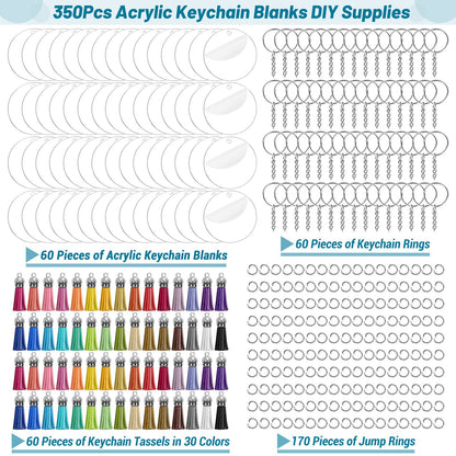 350Pcs Acrylic Keychain Blanks Cludoo Clear Acrylic Ornament Blanks for Vinyl with 60 Pcs Blanks, 60 Pcs Keychain Tassels, 170 Pcs Jump Rings and 60pcs Rings for DIY Craft
