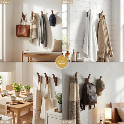 FCOWK Walnut Wood Wall Hooks - 4 Pack, Heavy Duty Coat Hooks Wall Mount for Entryway, Bathroom & Bedroom. Minimalist Wooden Wall Hooks for Hanging Coat, Hat, Bag, Towel, Backpack (Dark Walnut)