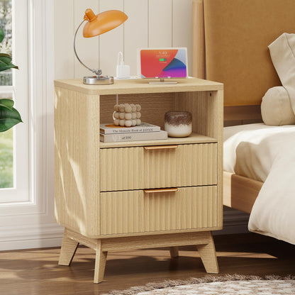 Turosur Night Stand with Charging Station, Fluted Nightstand with 2 Drawers, Wood Bedside Table with Open Storage, Modern Nightstands for Bedroom, Natural
