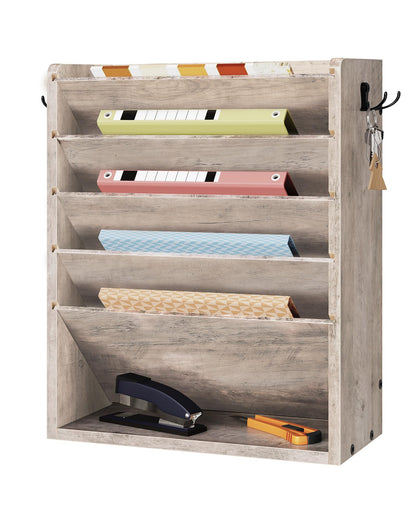 CHOEZON Wall File Organizer, 6-Tier Vertical Mount Hanging Holder with 2 Side Hooks, Modern Wooden Magazine Storage Holder with Bottom Tray, Desk Organizer, for Office, Home, Greige MWJ01FH