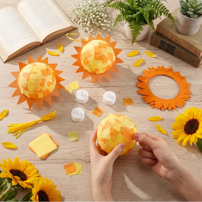 Simgoing 12 Set Sun Craft Kits with LED Candlelight Gold Sun DIY Art Tissue Paper Craft Summer Hanging Ornaments 3D Suncatcher Decoration for Summer Home School Classroom Party Decoration Art Activity