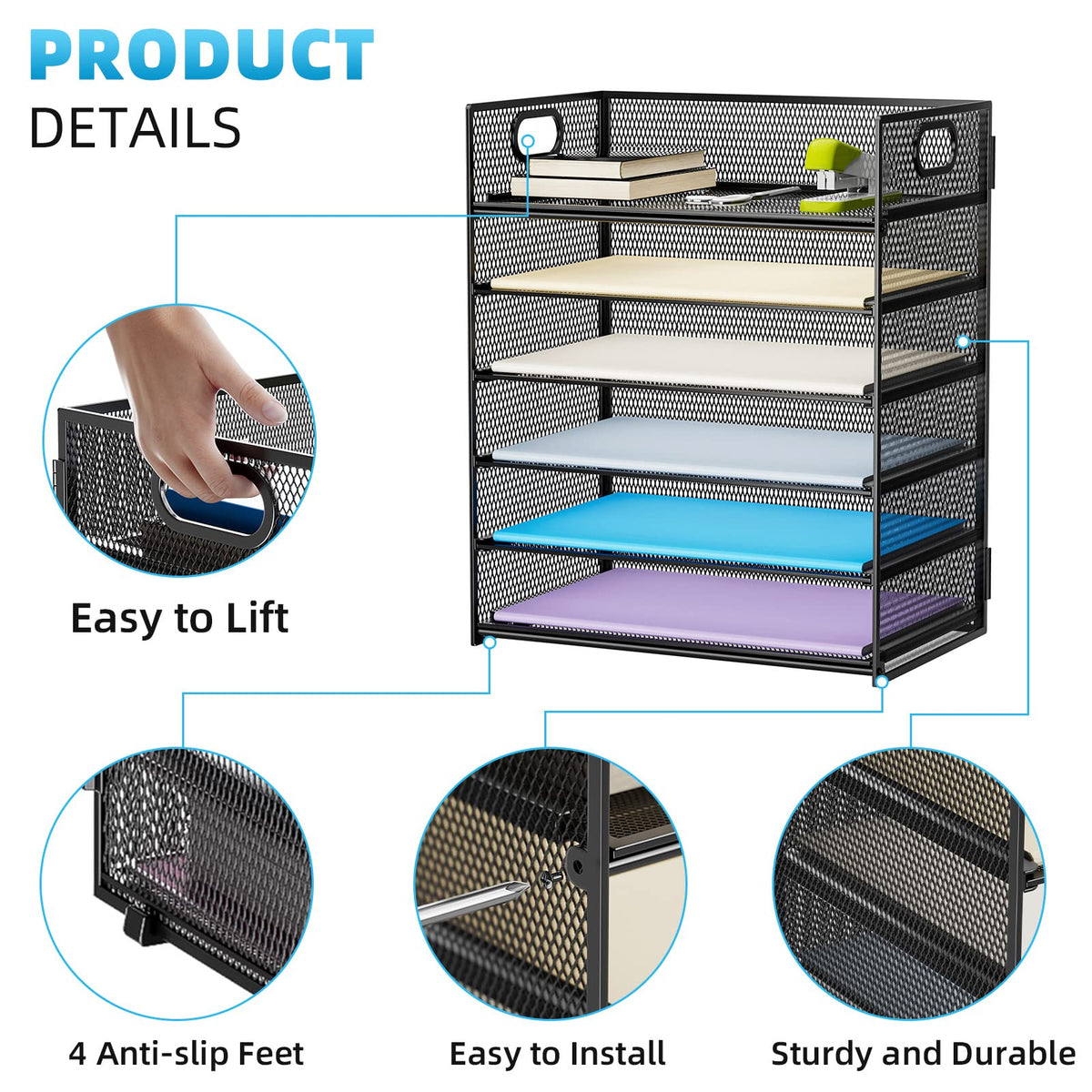 Marbrasse 2 Pack Desk Organizer with Handle, 6 Tier Paper Letter Tray, Mesh Desk File Organizer for Office, School and Home