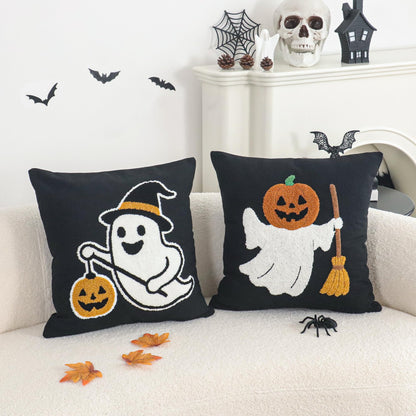 Jonhier Halloween Black Throw Pillow Cover, Embroidered Pumpkin Ghost Decorative Cushion Case for Sofa Bed Patio, Textured Pillowcase Thanksgiving Fall Decor Indoor Outdoor (Pumpkin Man, 18” x 18”)