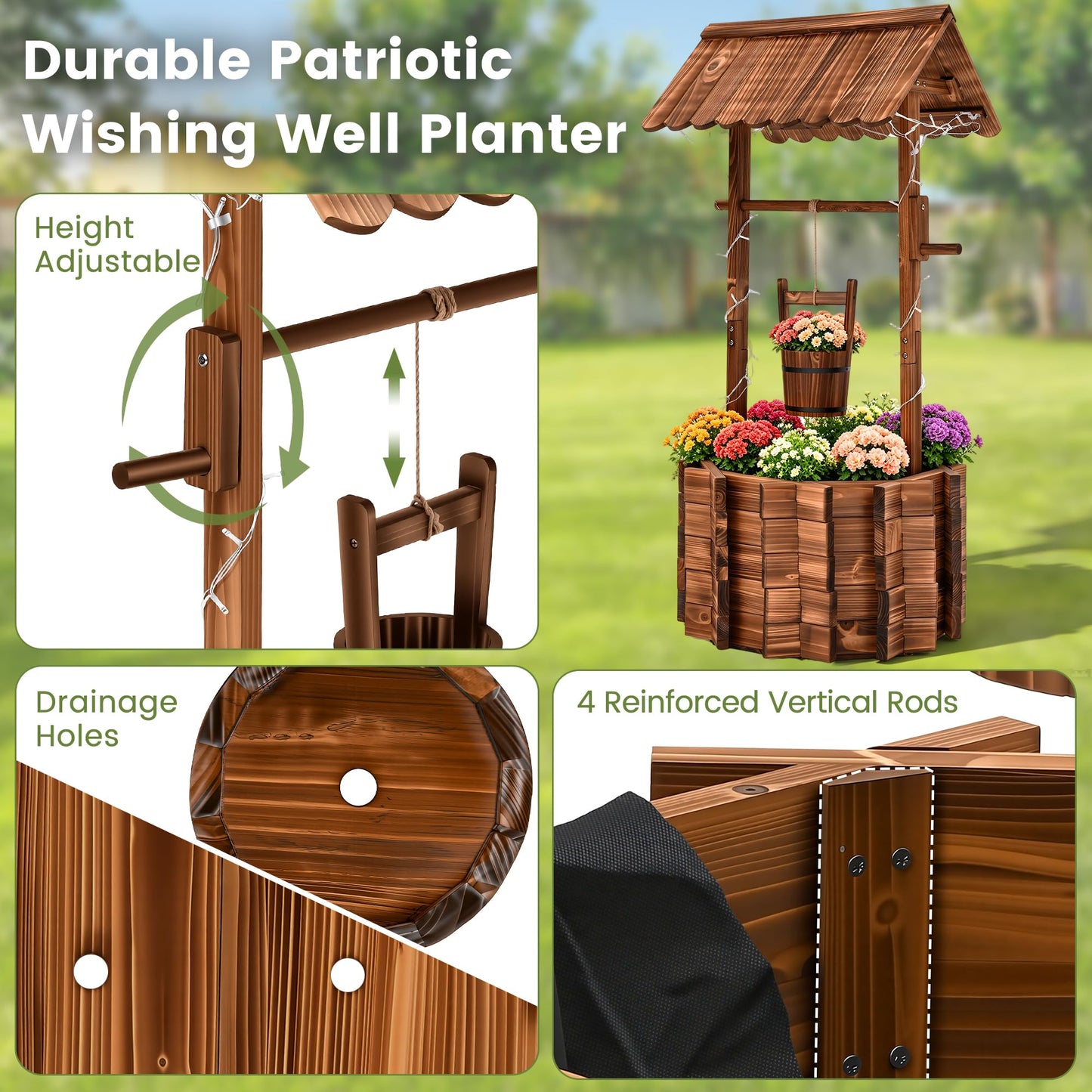 AUTO DAYA 54" Wooden Wishing Well Planter with 11-Mode LED Lights, Timer Settings, Rustic Outdoor Garden Decor with Adjustable Hanging Bucket, Drainage Base & Liner for Patio Yard Backyard