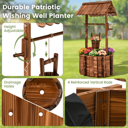 AUTO DAYA 54" Wooden Wishing Well Planter with 11-Mode LED Lights, Timer Settings, Rustic Outdoor Garden Decor with Adjustable Hanging Bucket, Drainage Base & Liner for Patio Yard Backyard