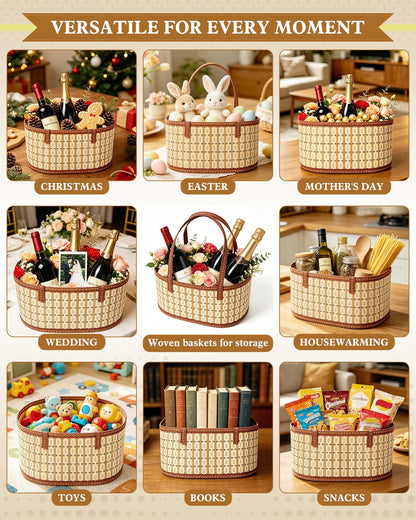 2 Set Baskets for Gifts Empty, Woven Bamboo Gift Basket Kit with Handles, Foldable Empty Gift Baskets to Fill with Wrap Bags, Pull Bows, Cards & Raffia for Baby Baptisms, Father's Day, Housewarming