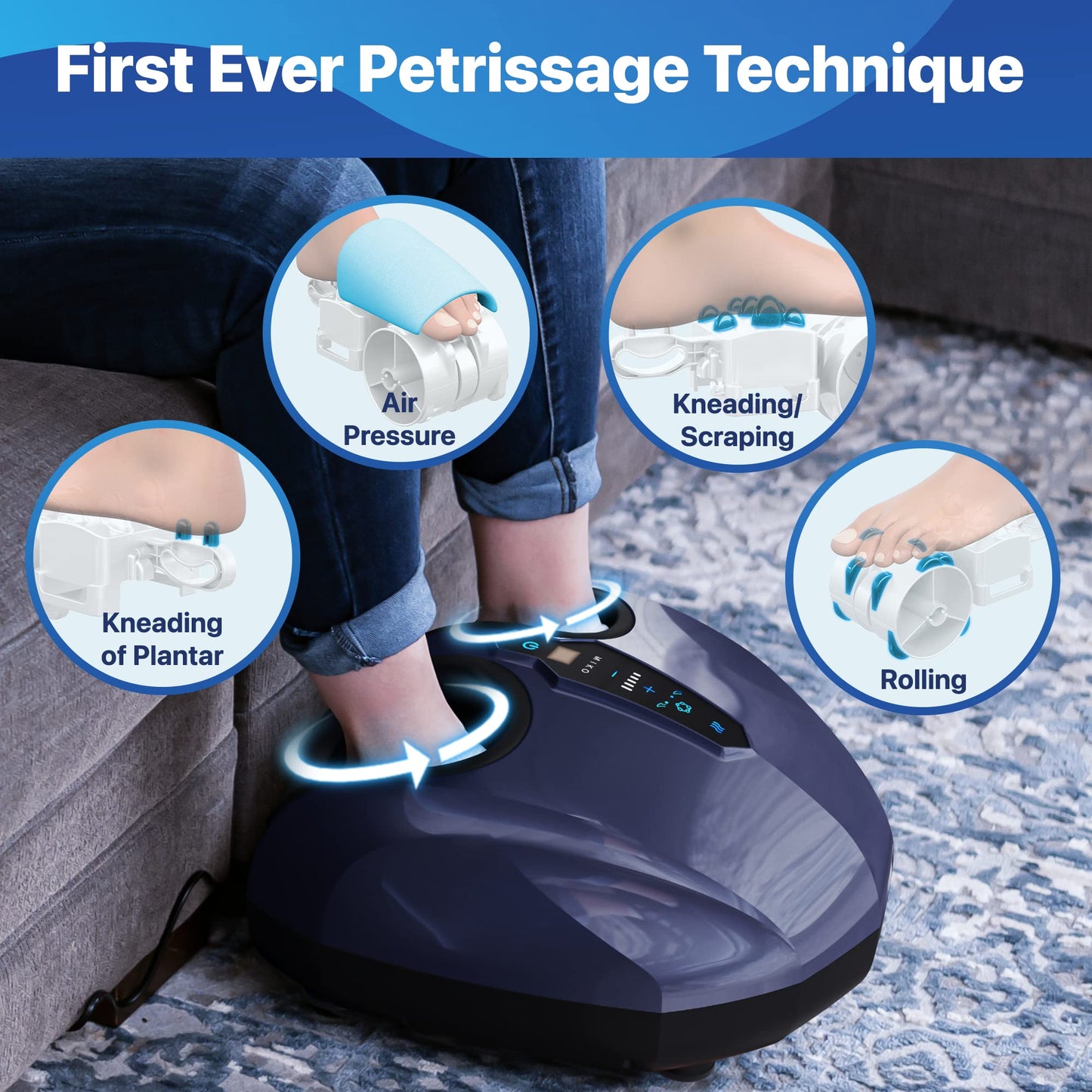 MIKO Foot Massager Machine - Deep Kneading, Shiatsu, Air Compression, and Heat Therapy - Plantar Fasciitis, Diabetics, Neuropathy, Fits Up to Men Size 12