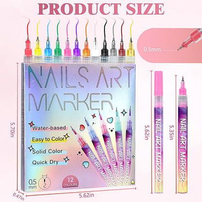 12 Colors Nail Art Pens, 0.5mm Fine Tip 3D Acrylic Polish Pen Set, Waterproof Quick-Drying Dotting Graffiti Drawing Liner Brush, DIY Nail Art Design Manicure Tools for Beginners Women Home Salon Use