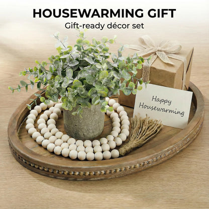 16" x 11.8" Oval Wood Decorative Tray with 58" Bead Garland, Farmhouse Coffee Table & Kitchen Island Décor, Rustic Brown Entryway Console Tray for Styling, Candles & Small Items