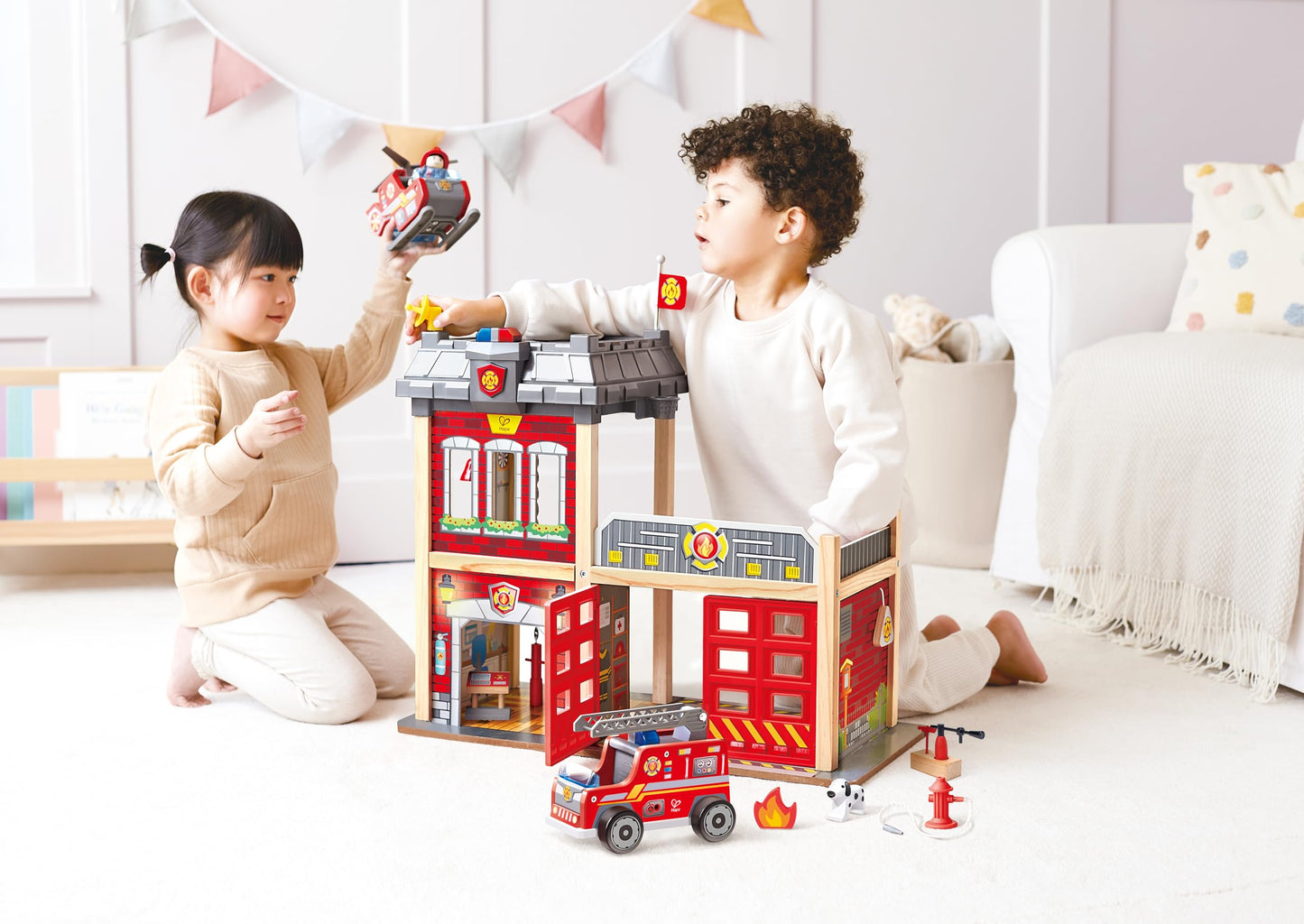 Hape Fire Station Playset| Wooden Dollhouse Kid’s Toy, Stimulates Key Motor Skills and Promotes Team Play
