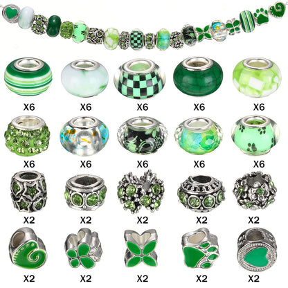 Hicarer 80 Pcs Assorted European Large Hole Beads, Spacer Glass Beads Rhinestone Metal Macrame Charms Supplies for DIY Crafts Bracelets Necklaces Jewelry Making(Green)