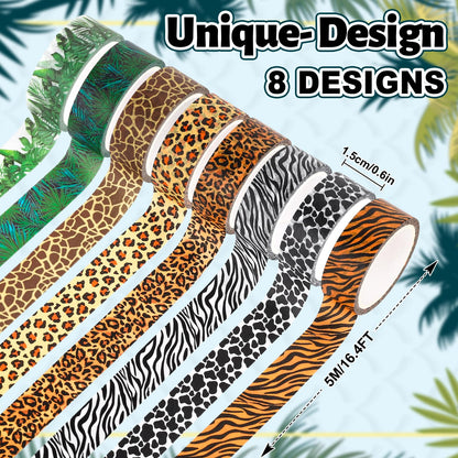 Whaline 8 Rolls Animal Prints Washi Tape Safari Jungle Decorative Masking Tape Set Leopard Cheetah Zebra Tiger Giraffe Greenery Wrapping Paper Tapes for Scrapbook Journal DIY Art Crafts