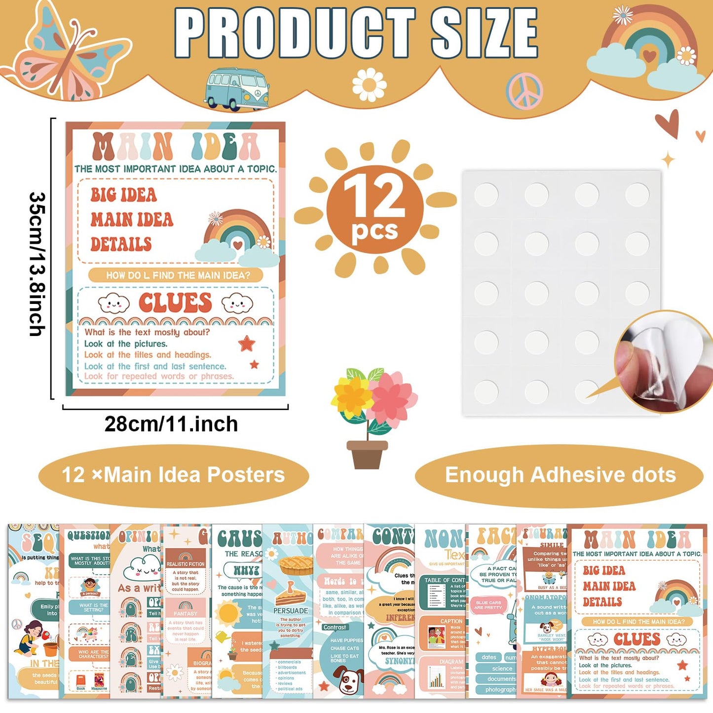 QOUBAI 12pcs Reading Comprehension Classroom Posters Groovy Hippie English Language Arts Bulletin Board Chart Reading Corner Poster for Elementary Middle High School Wall Decor Classroom Must Haves