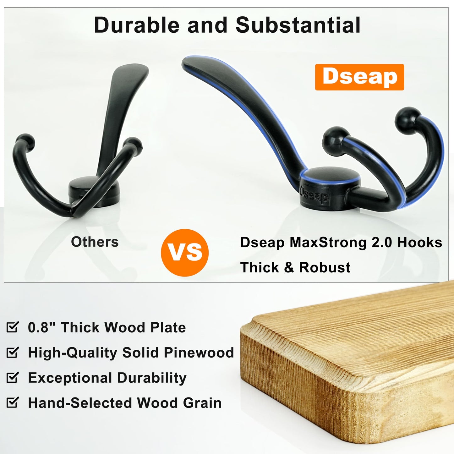 Dseap Coat Rack Wall - Heavy-Duty 38-1/4" Long, with Reinforced 10 Custom Tri-Hooks, Solid Wood Wall Hanger for Coats Hat Jackets - Rustic Farmhouse Entryway Hallway Storage, Natural & Black