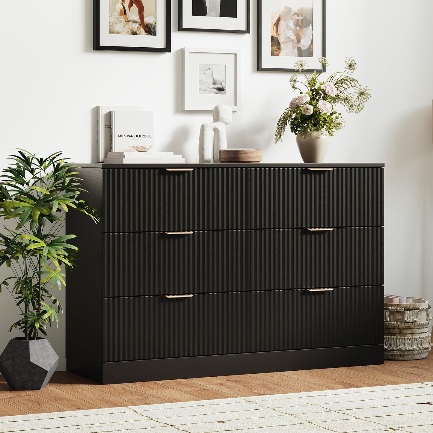 MALOL 6 Drawer Fluted Dresser for Bedroom, Modern Wooden Chest of Drawers, Wide Storage Cabinet with Smooth Silent Slides, Anti-Tip, 47" Storage Organizer for Bedroom Living Room, Black