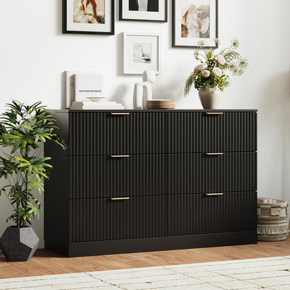 MALOL 6 Drawer Fluted Dresser for Bedroom, Modern Wooden Chest of Drawers, Wide Storage Cabinet with Smooth Silent Slides, Anti-Tip, 47" Storage Organizer for Bedroom Living Room, Black