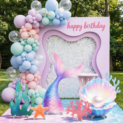 CORALMEE 5 Pcs Large Under the Sea Party Decorations Mermaid Birthday Decorations, Ocean Theme Party Supplies Mermaid Tail Shell Starfish Seaweed Coral Stand Up Cardboard Cutouts for Baby Shower