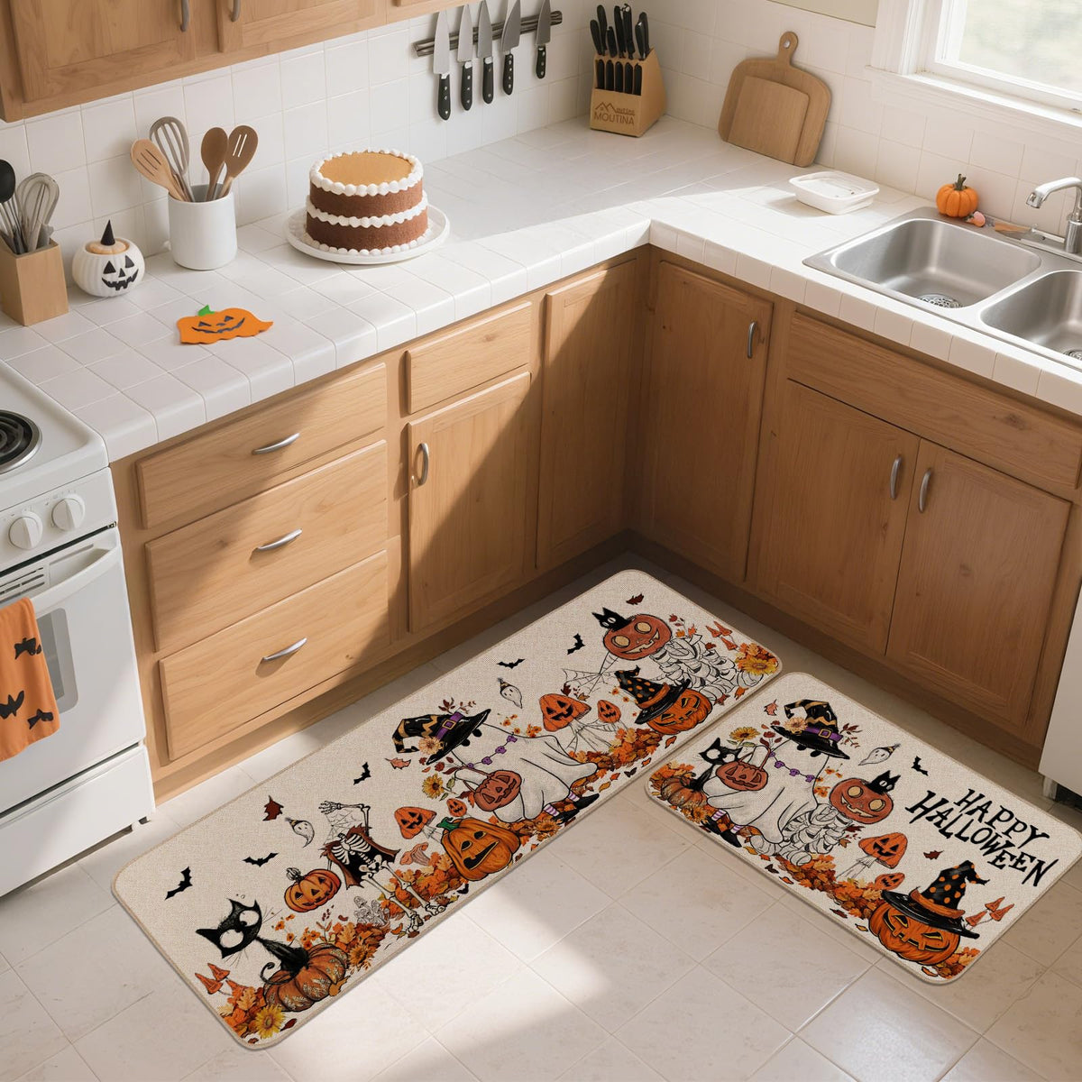 Moutina Happy Halloween Ghost Mushroom Pumpkin Skeleton Decorative Kitchen Rugs Set of 2, Halloween Holiday Party Home Decor Low-Profile Kitchen Mats for Floor - 17x29 and 17x47 Inch
