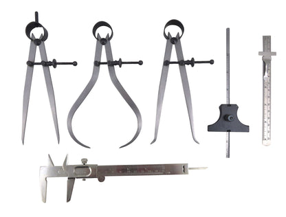 Taytools 6 Piece Measuring Set/Kit with 6" Spring Dividers, Inside & Outside Calipers, Depth Gauge, Pocket Ruler, Vernier Caliper 113500
