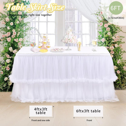 White Tulle Table Skirt for Rectangle Tables or Round Tables 6ft Wedding Tablecloth Fluffy Tutu Table Skirt for Birthday Party Dessert Cake Table Decorations 2 Layer Tulle
