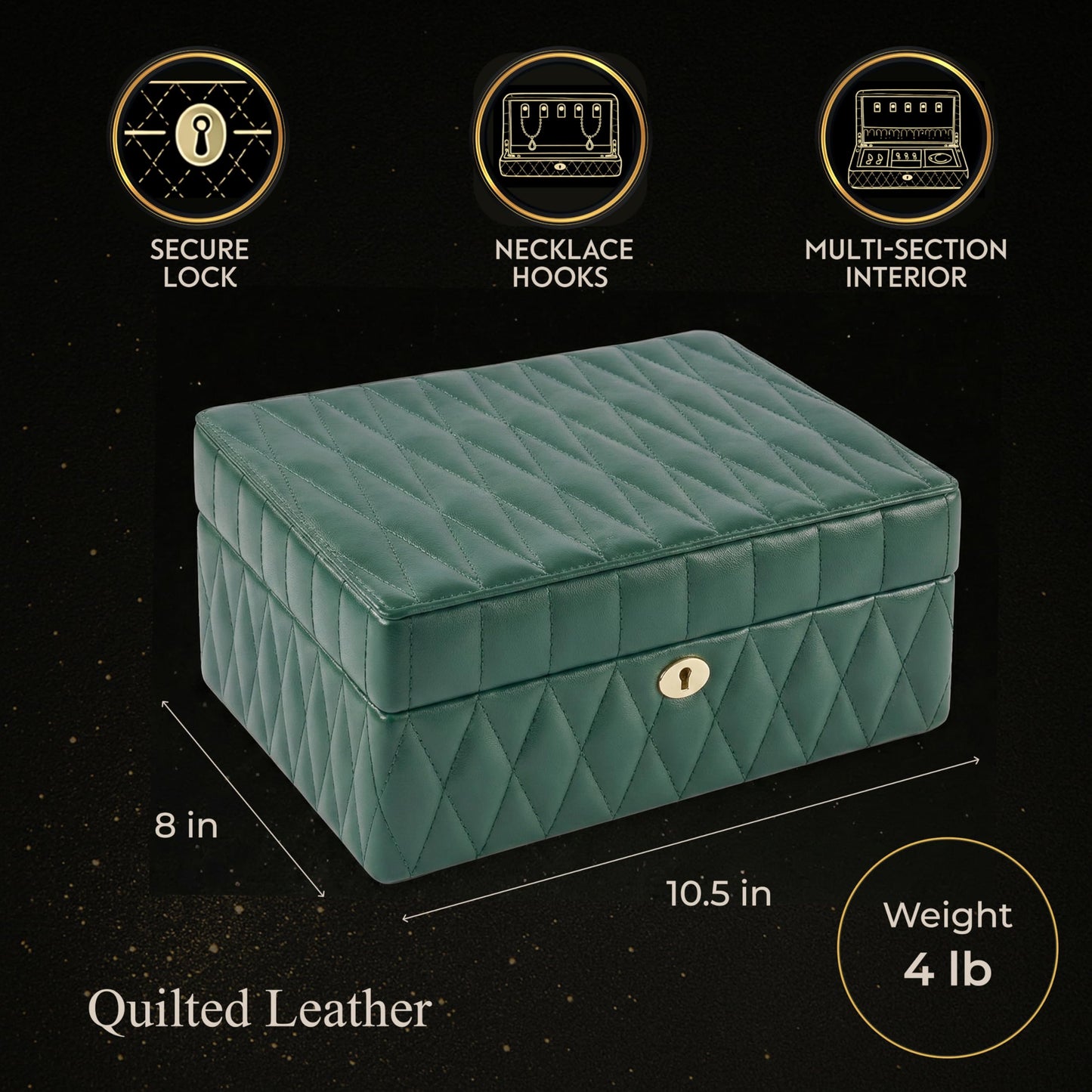 Bey-Berk Diamond-Quilted Leather Travel Jewelry Box (Green), 8" x 10.5" x 4.75" Locking Organizer with Necklace Hooks, Ring Rows and Watch Section