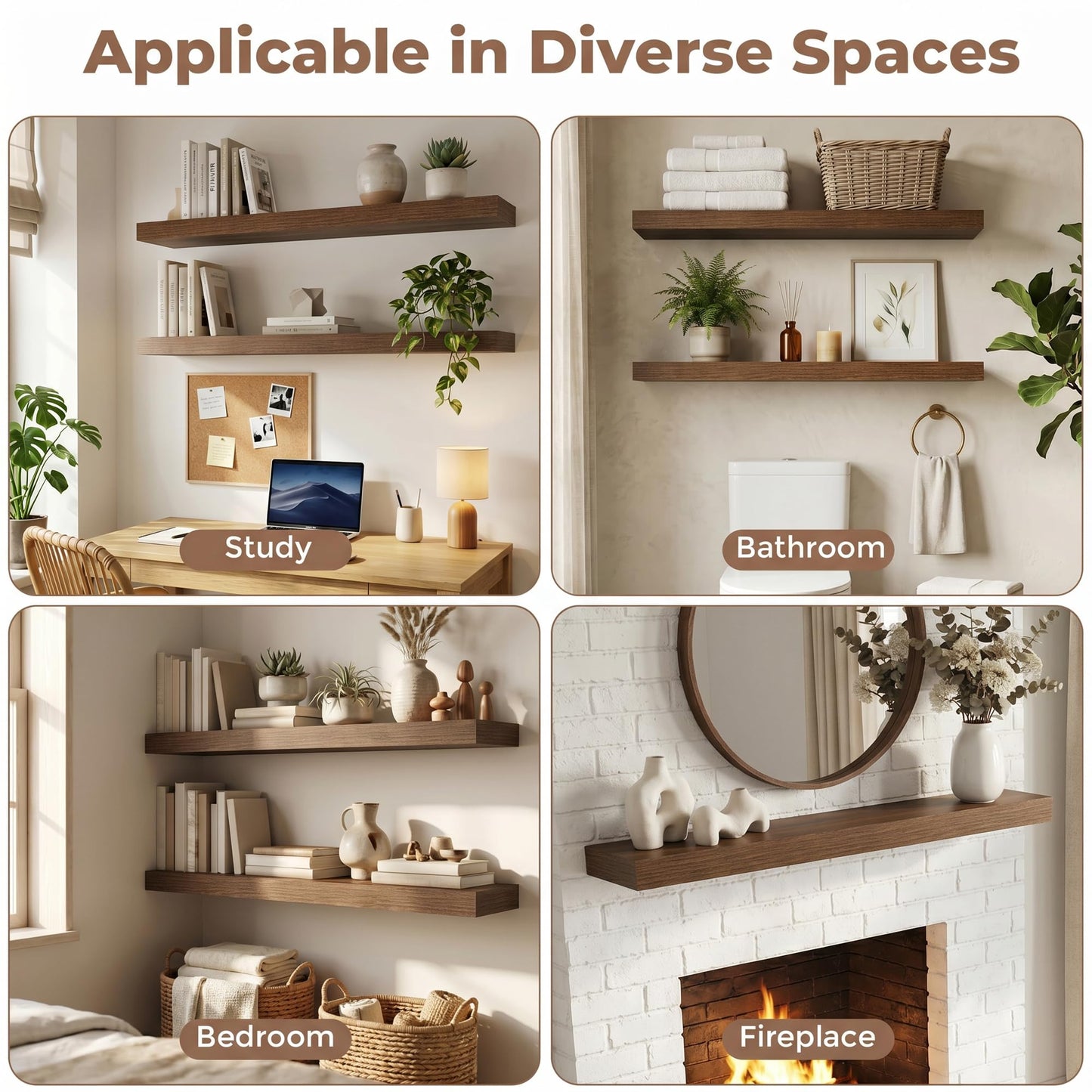 FLYJOE Floating Shelves for Wall, 48 Inch Floating Shelves Set of 2, 8" D Wooden Wall Mounted Display Shelves with Invisible Brackets for Living Room, Bedroom, Bathroom, Kitchen Decor, Walnut